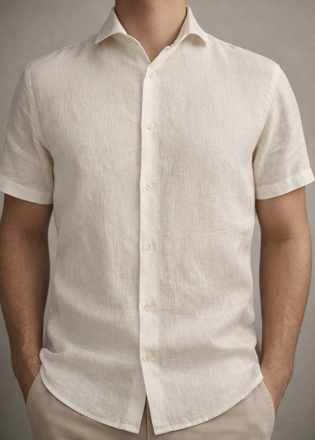 Camisa Botão Curta - Linho Puro - Off White