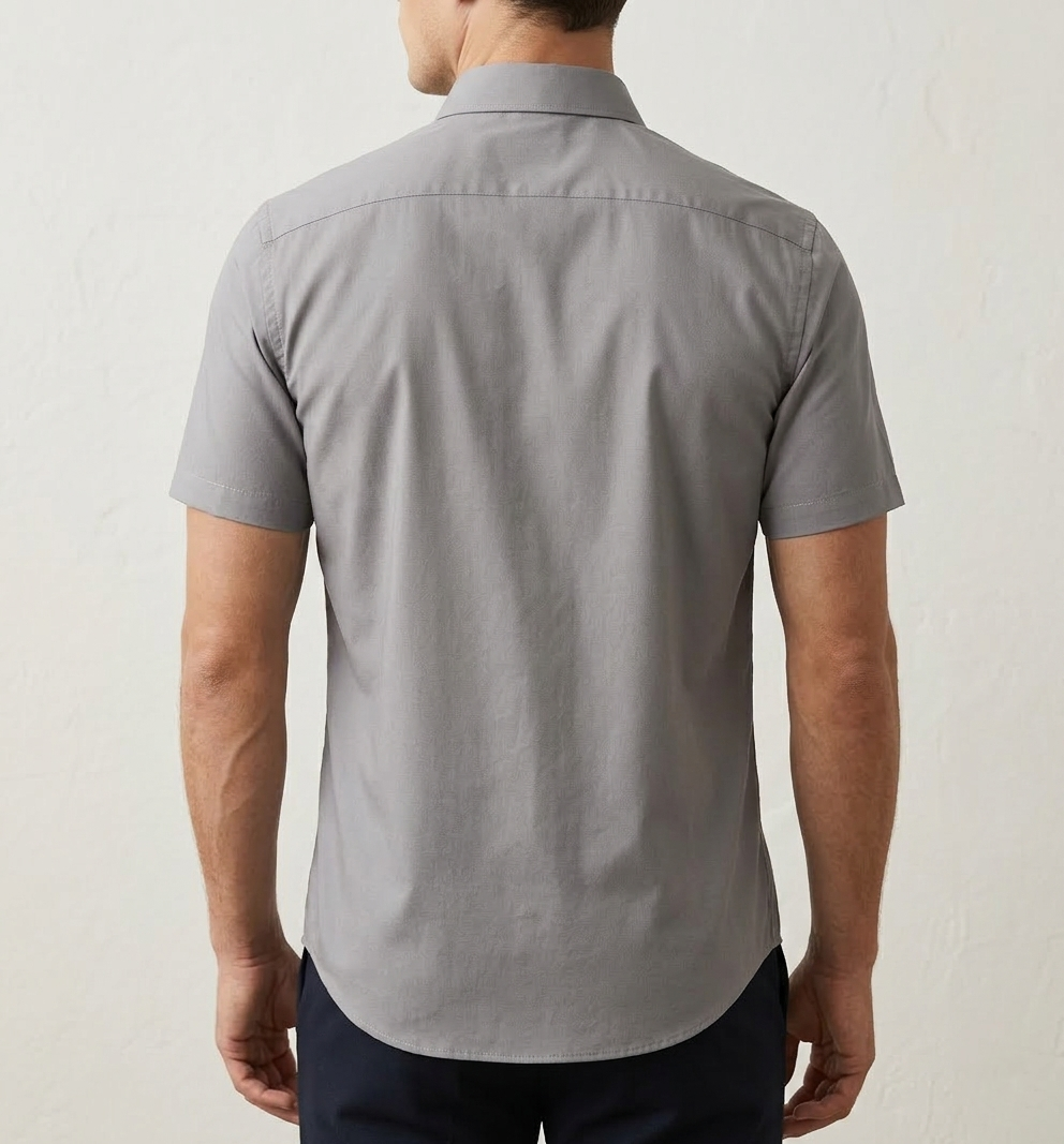 Camisa Botão Curta - Algodão Misto - Cinza