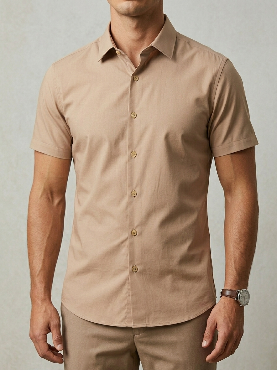 Camisa Botão Curta - Algodão Misto - Bronze