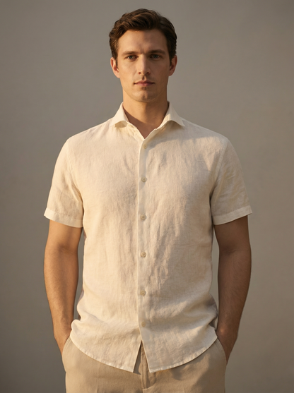Camisa Botão Curta - Linho Puro - Off White