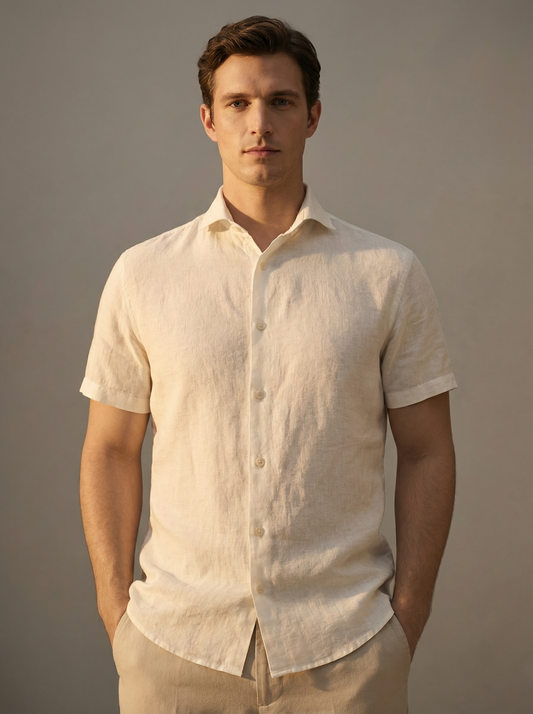 Camisa Botão Curta - Linho Puro - Off White