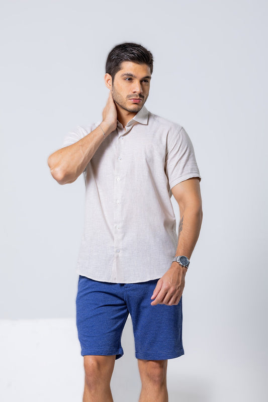 Camisa Botão Curta - Linho Misto - Bege