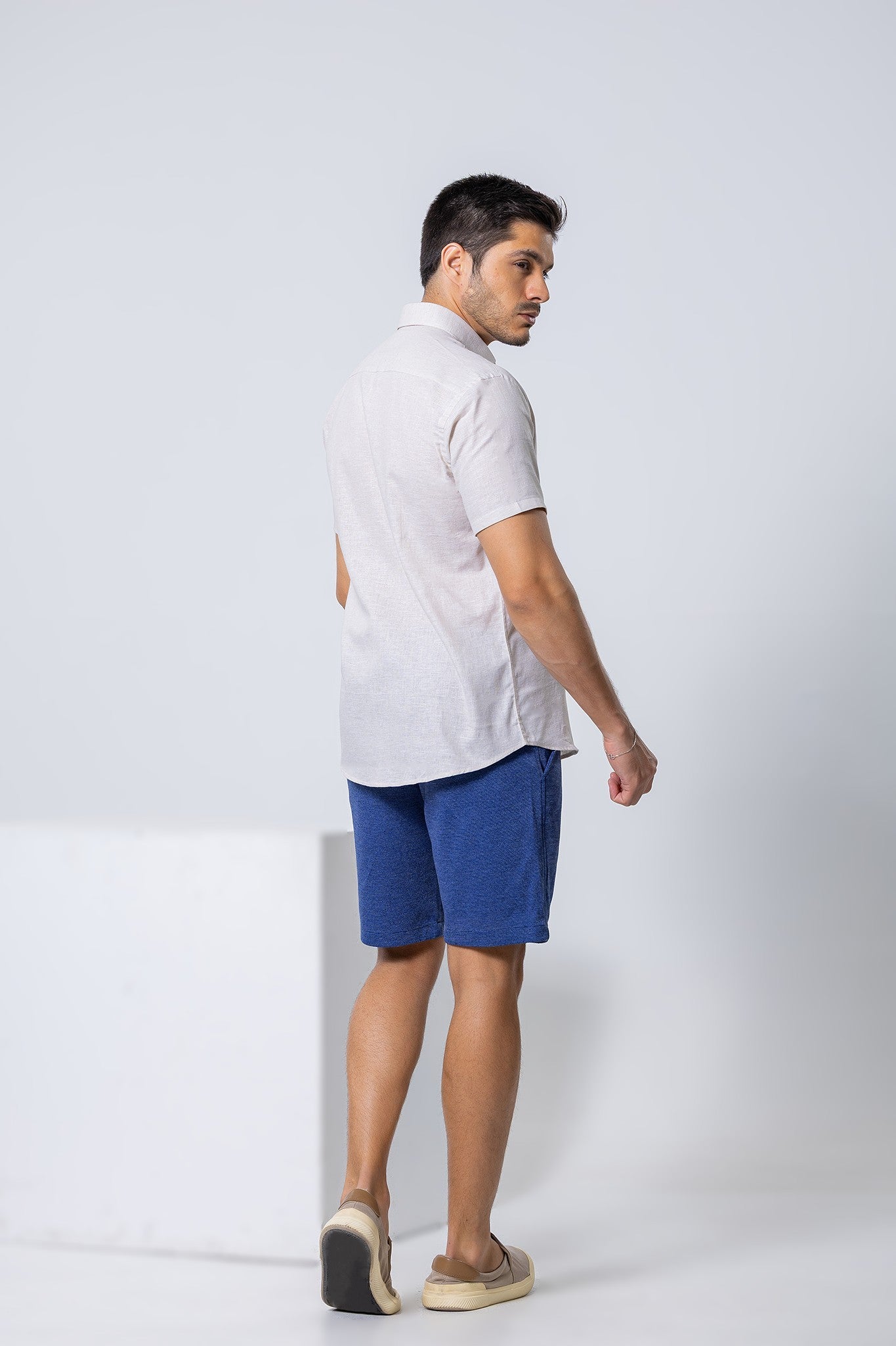 Camisa Botão Curta - Linho Misto - Bege