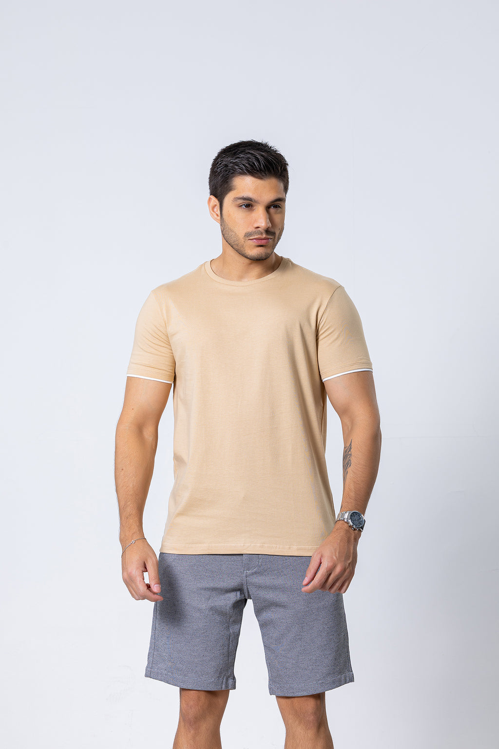 T-SHIRT - Manga Dupla - 100% Algodão - Bege