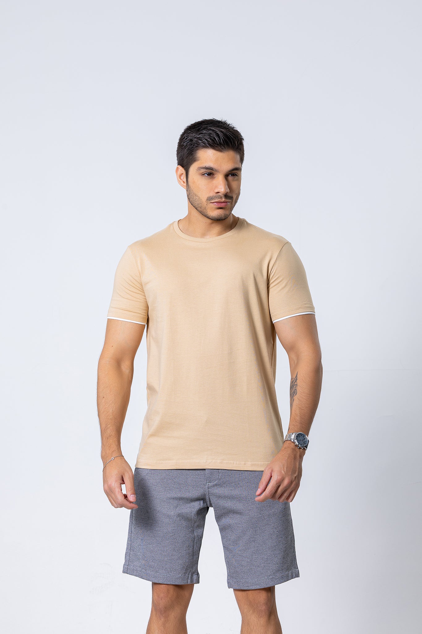T-SHIRT - Manga Dupla - 100% Algodão - Bege