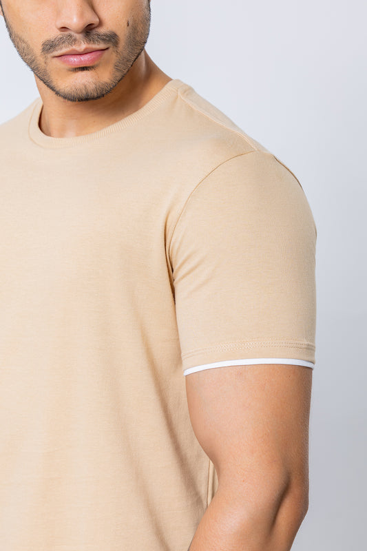 T-SHIRT - Manga Dupla - 100% Algodão - Bege