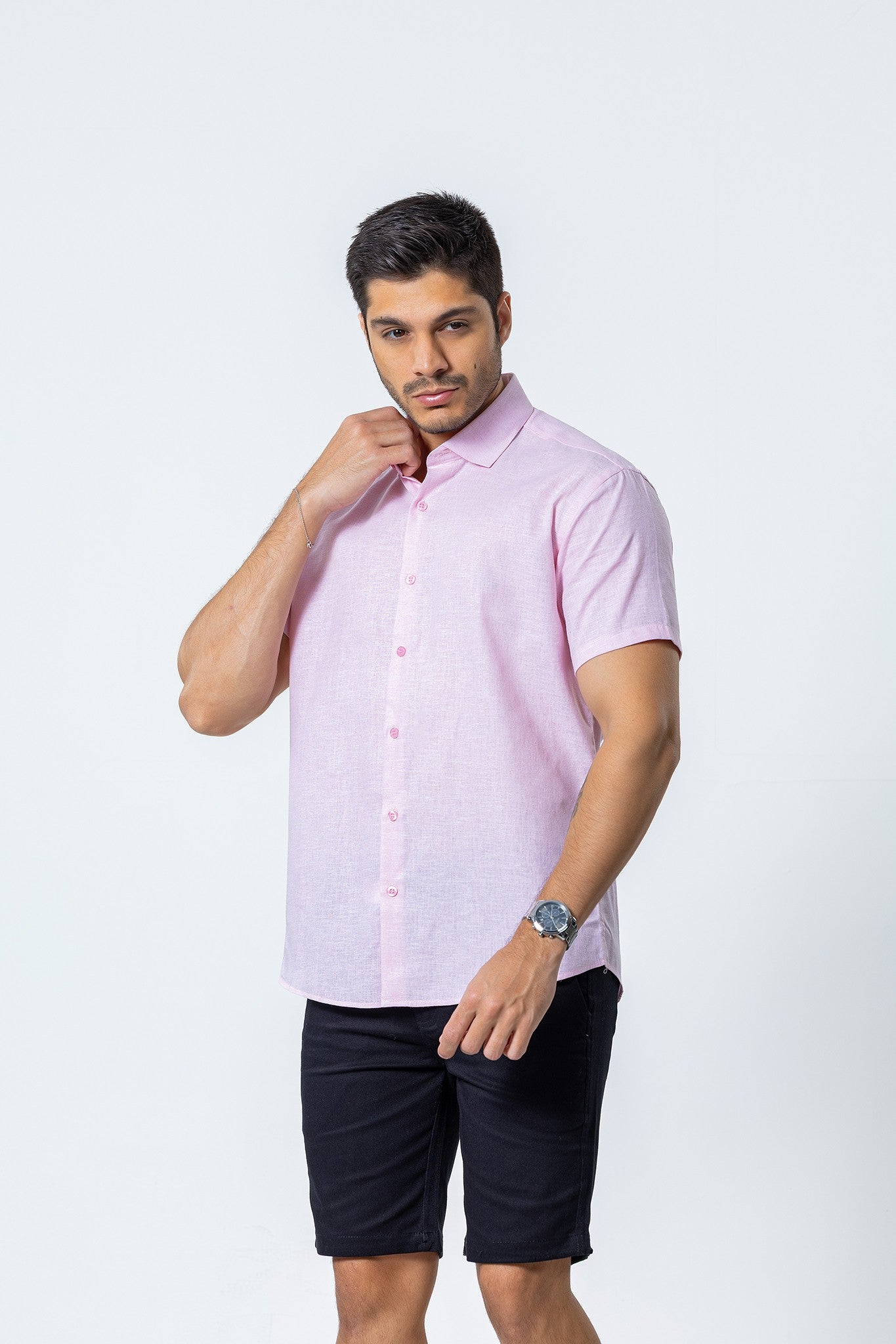 Camisa Botão Curta - Linho Misto - Rosa Claro