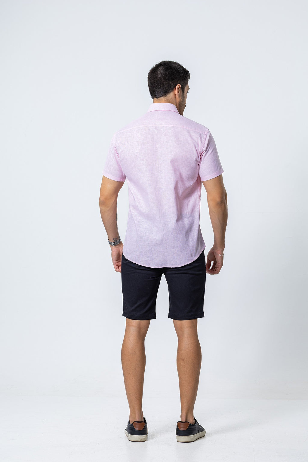 Camisa Botão Curta - Linho Misto - Rosa Claro