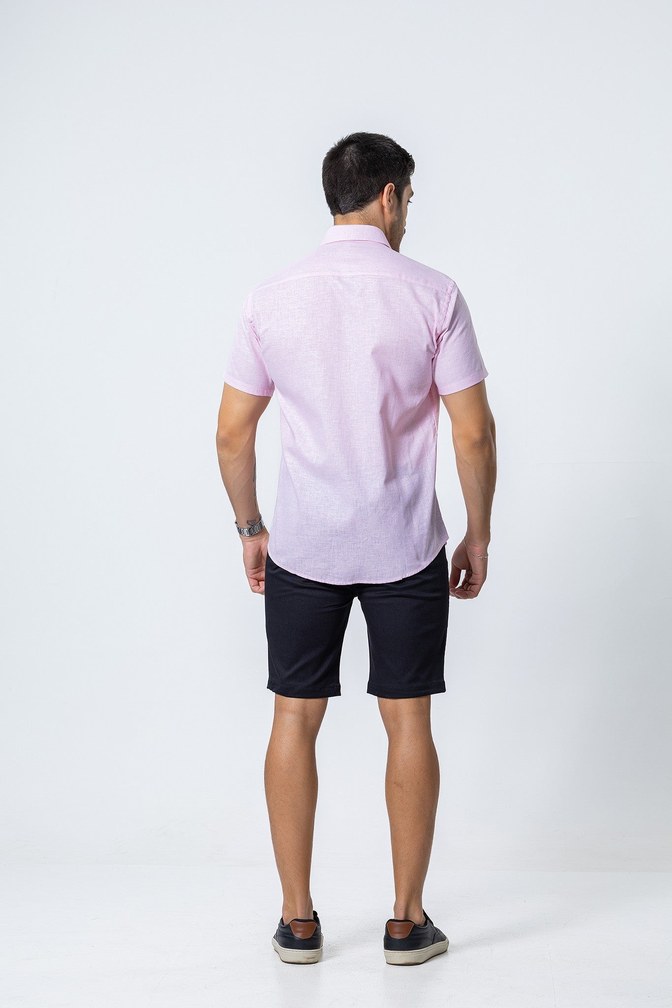 Camisa Botão Curta - Linho Misto - Rosa Claro