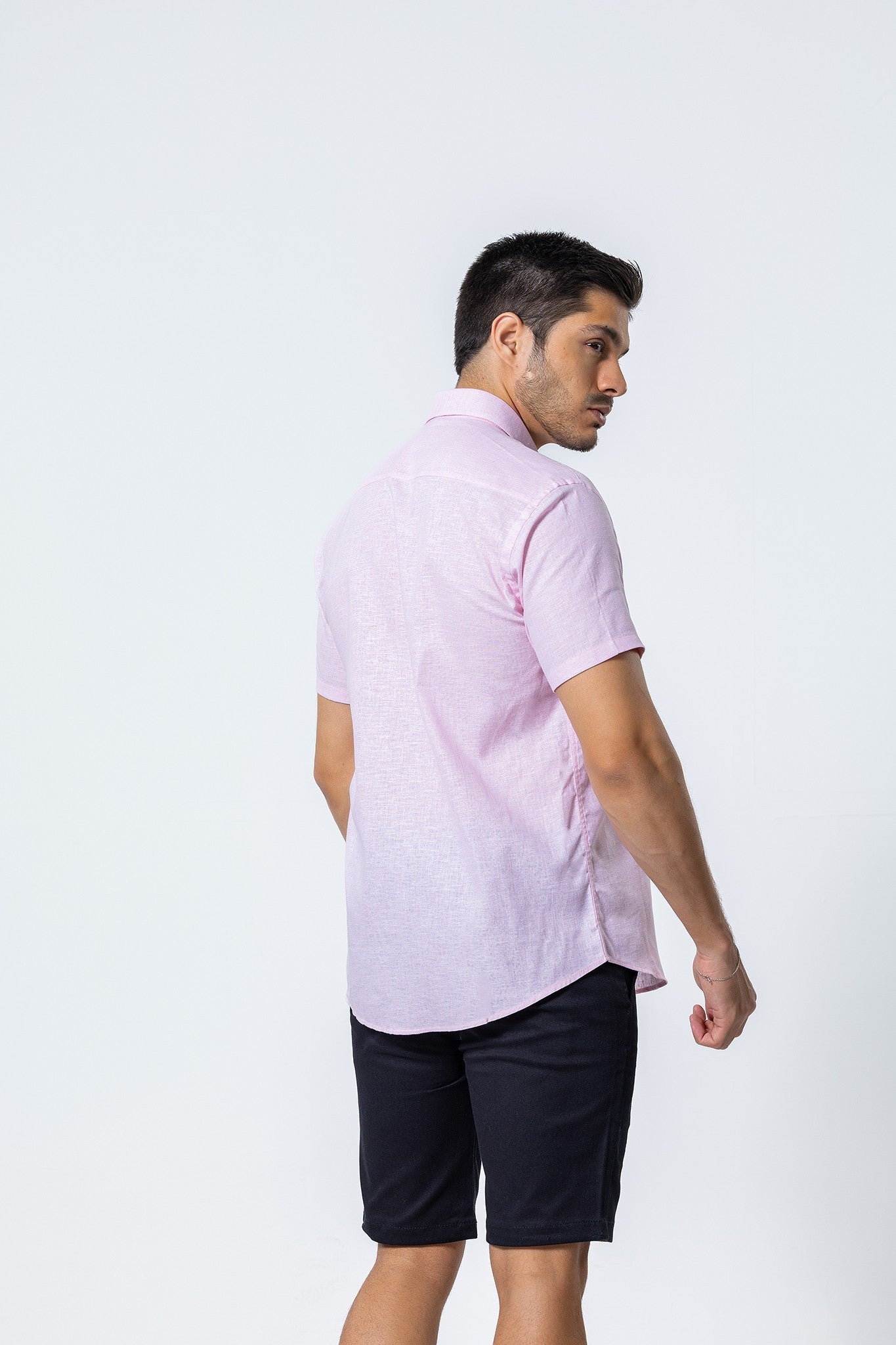 Camisa Botão Curta - Linho Misto - Rosa Claro