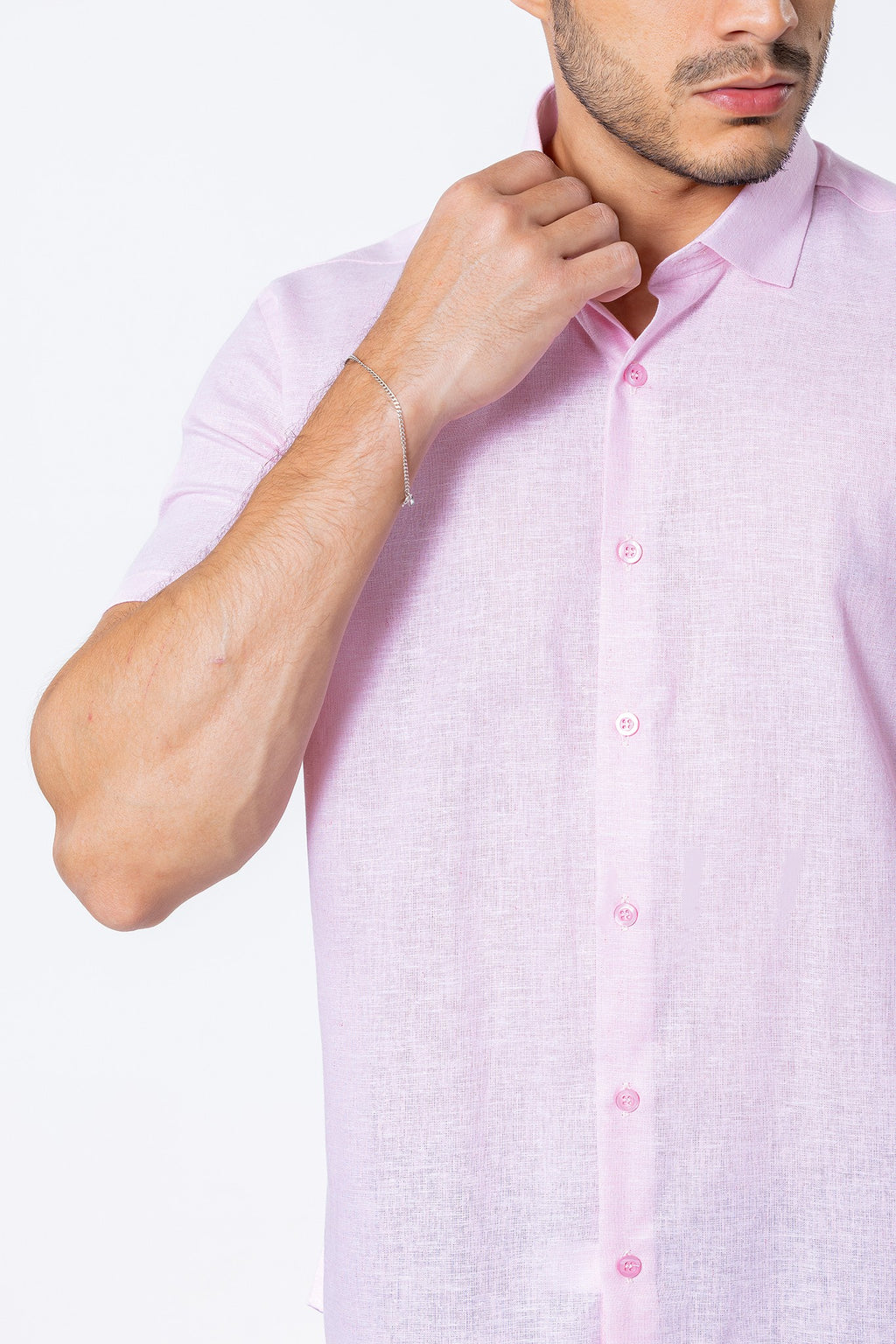 Camisa Botão Curta - Linho Misto - Rosa Claro