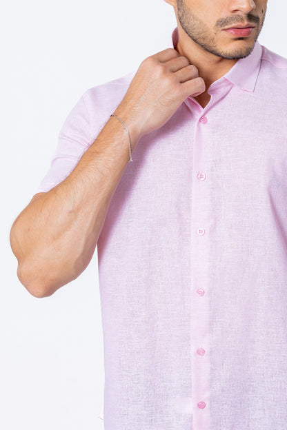 Camisa Botão Curta - Linho Misto - Rosa Claro