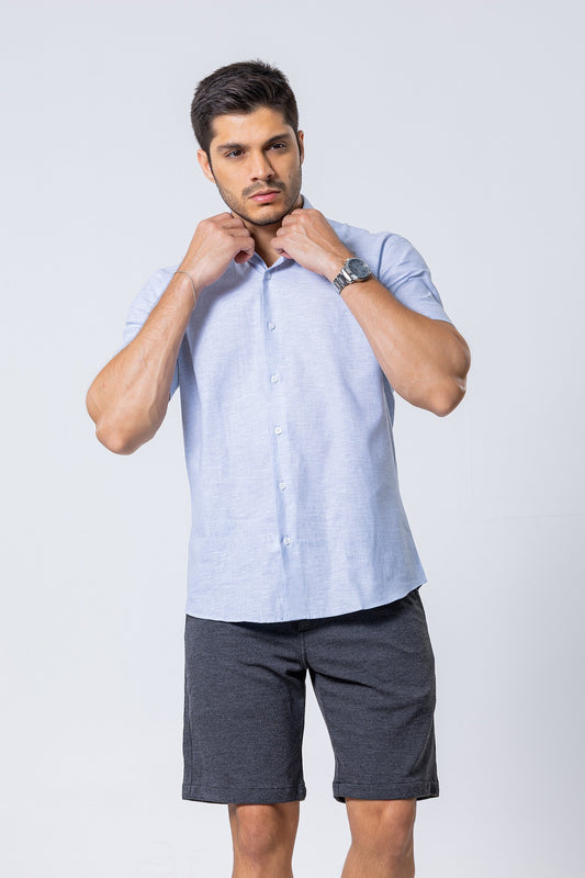 Camisa Botão Curta - Linho Misto - Azul Bebe