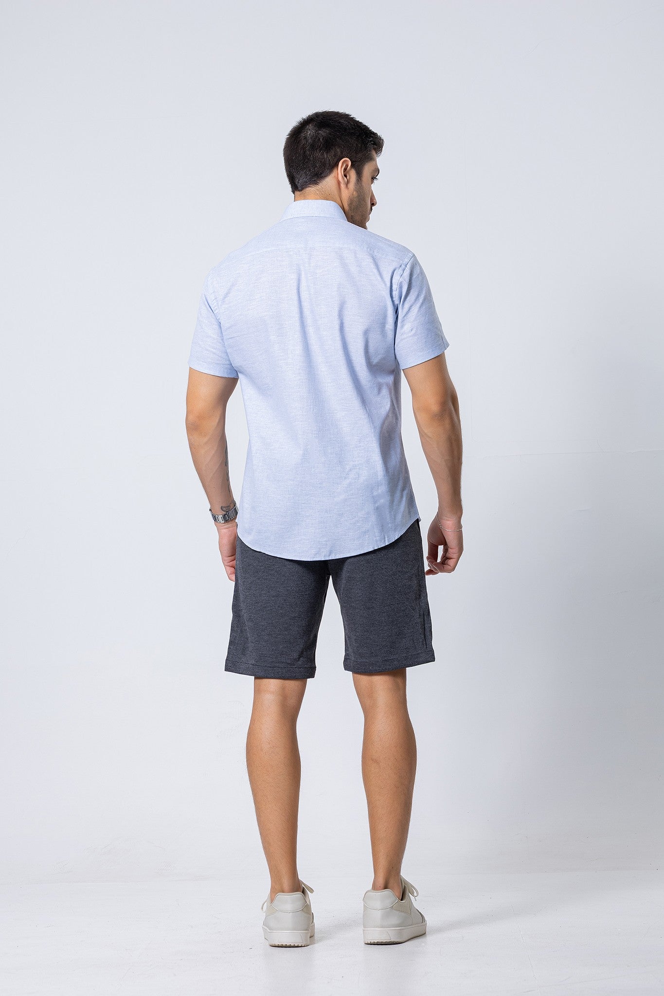 Camisa Botão Curta - Linho Misto - Azul Bebe