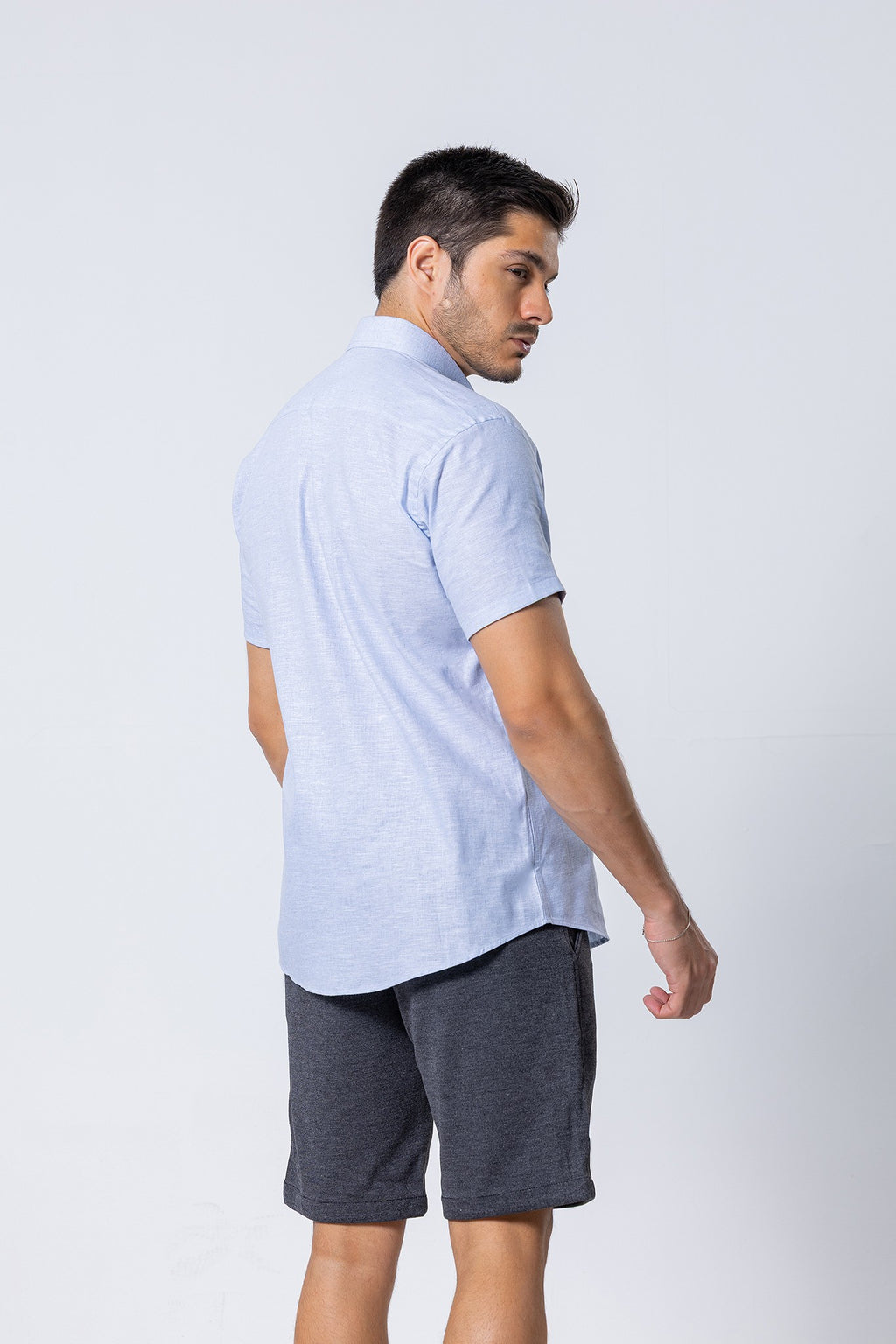 Camisa Botão Curta - Linho Misto - Azul Bebe