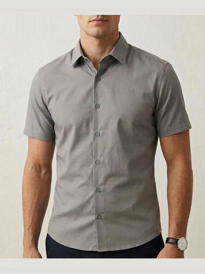 Camisa Botão Curta - Algodão Misto - Cinza