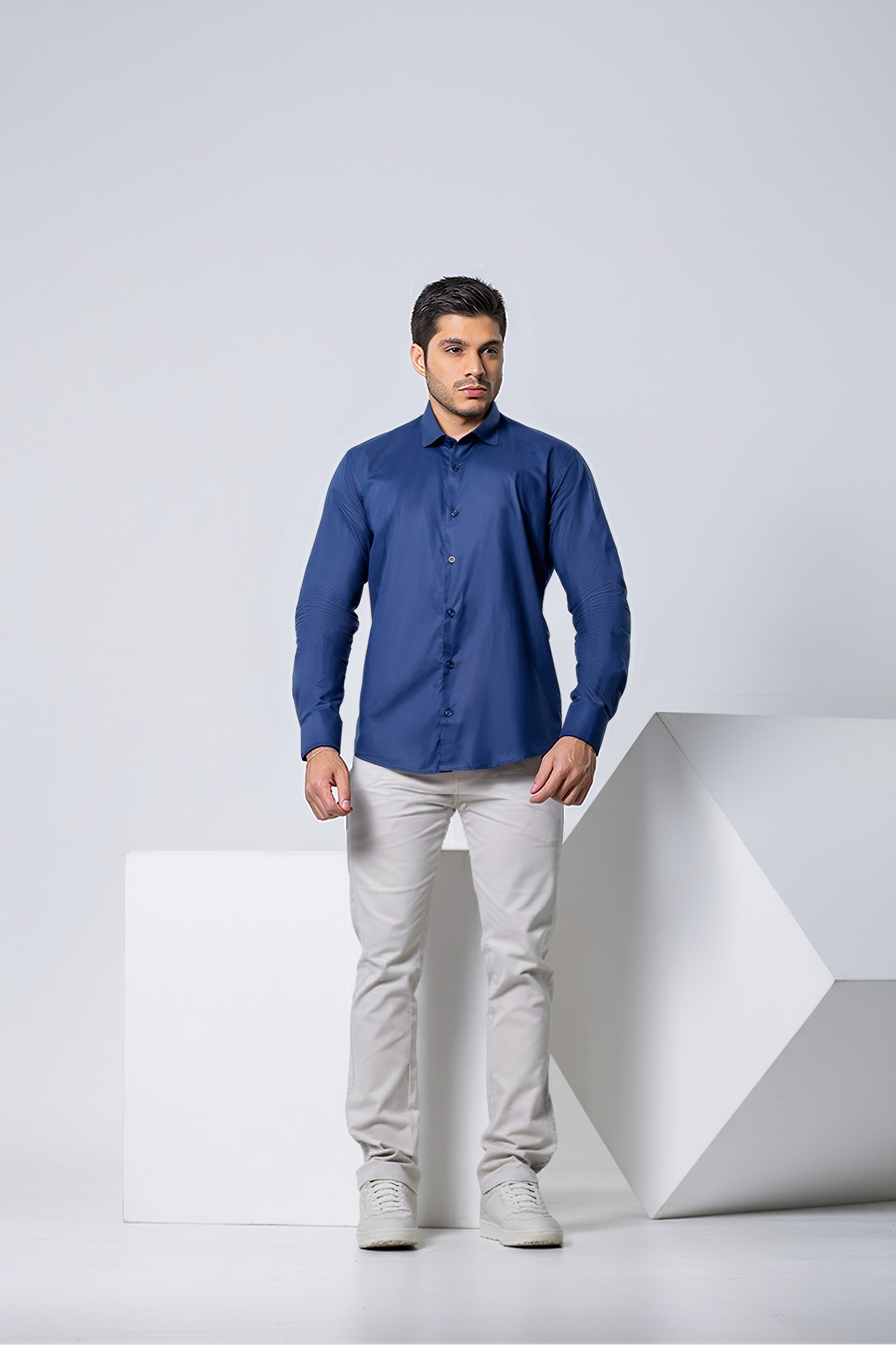 Camisa Botão Longa - 230 Fios - Azul Marinho