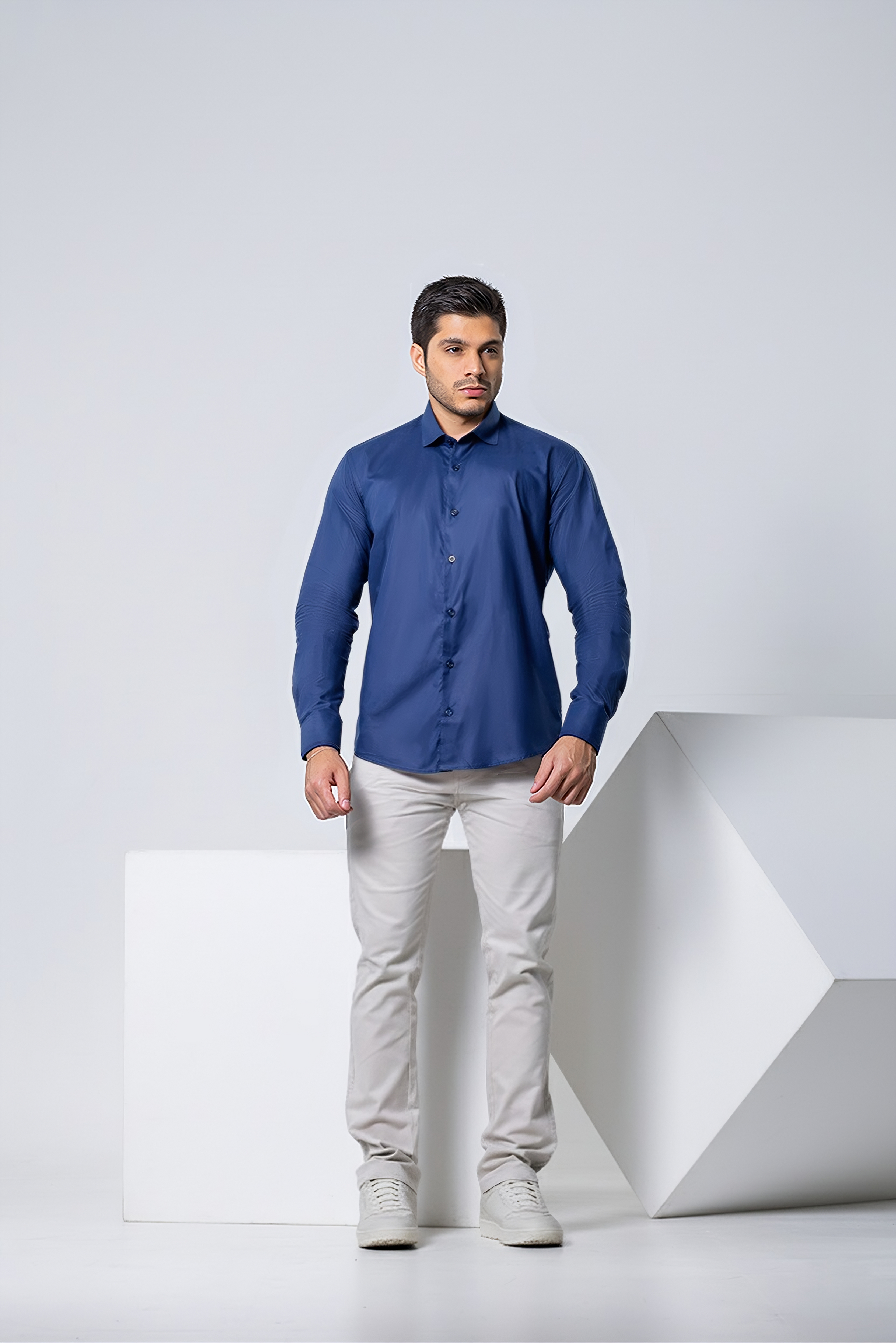 Camisa Botão Longa - 230 Fios - Azul Marinho