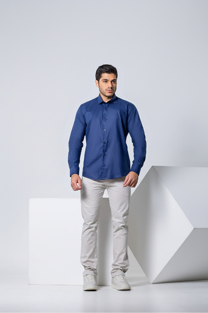 Camisa Botão Longa - 230 Fios - Azul Marinho